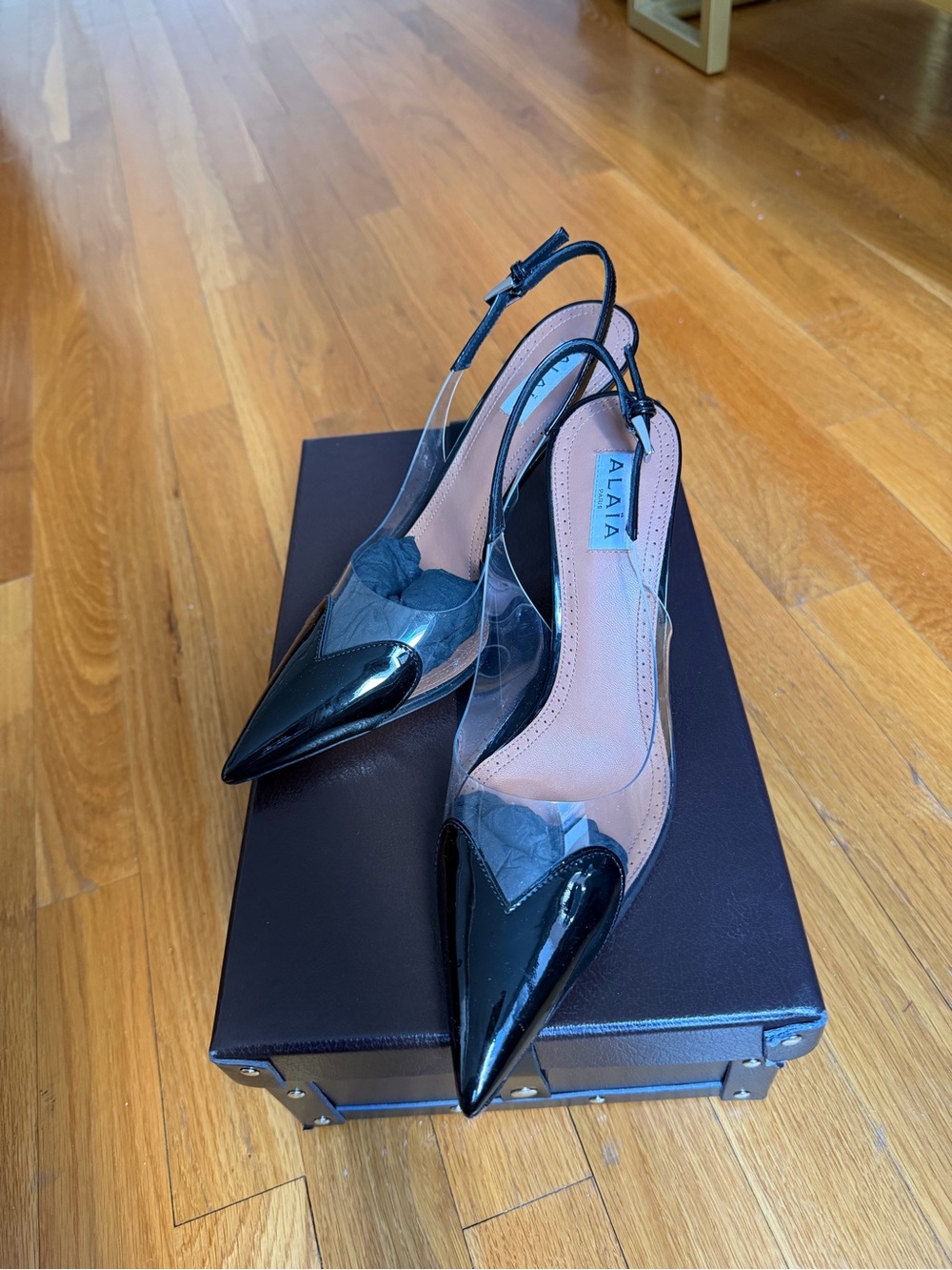 Alaia Black Patent Pointed Toe Slingback Pumps with Clear Panels